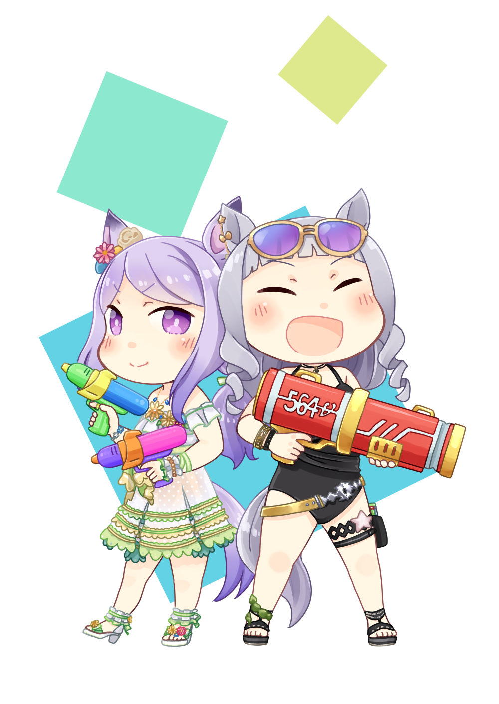 2girls, animal_ears, bangs, belt, black_footwear, blunt_bangs, chibi, commentary