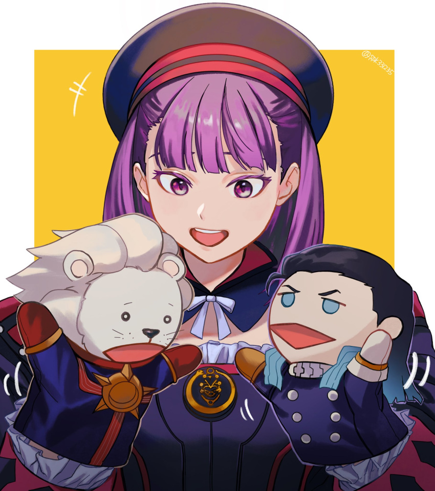 1girl, 2boys, bangs, belt, black_hair, blue_eyes, blue_hair, bow