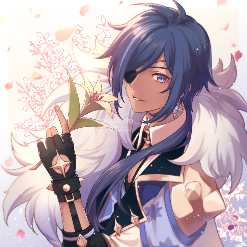 1boy, antenna_hair, armband, artist_name, backlighting, bangs, black_gloves, blue_eyes