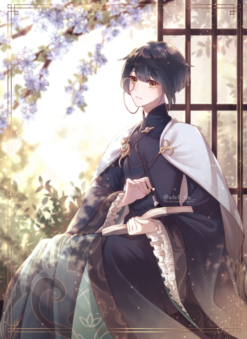 1boy, absurdres, aoi_no_okina_(genshin_impact), artist_name, asymmetrical_hair, bangs, black_hair, bloom