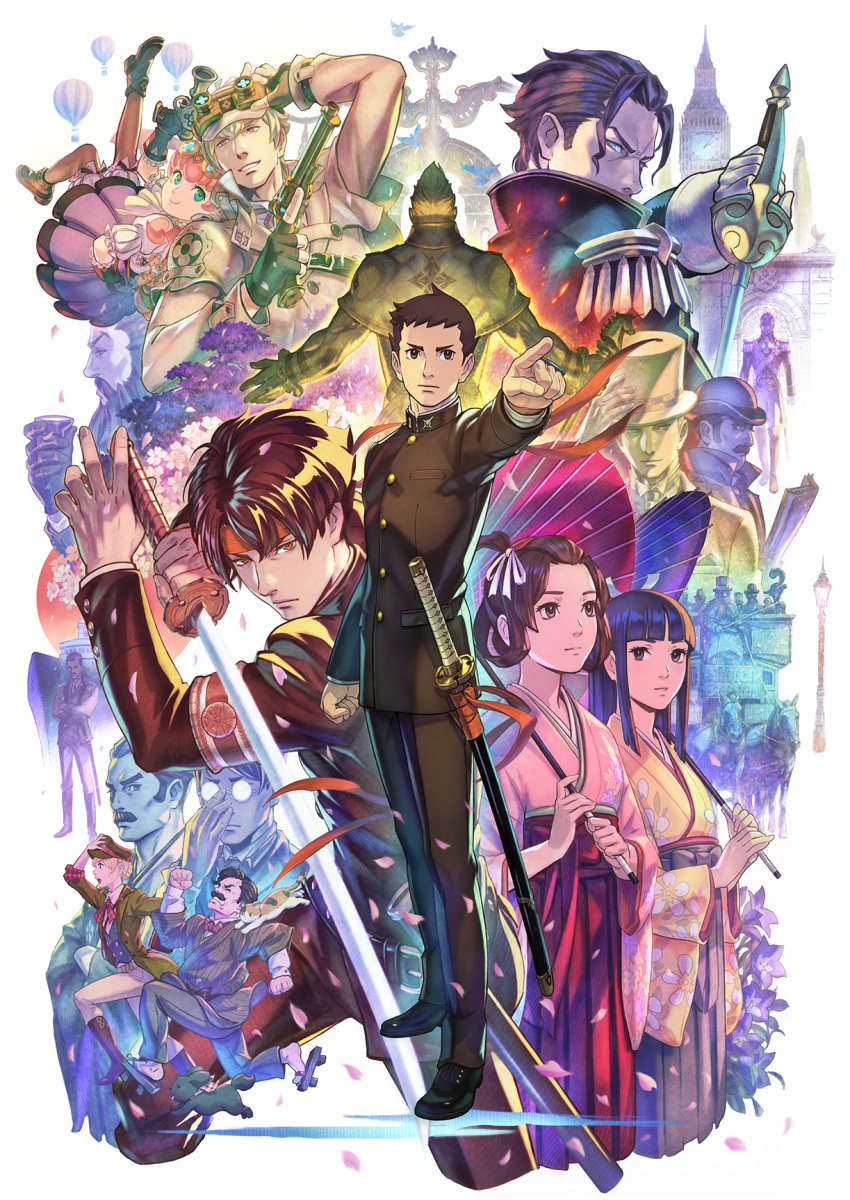 4girls, 6+boys, ace_attorney, animal, animal_on_shoulder, arm_up, barok_van_zieks, drill_hair