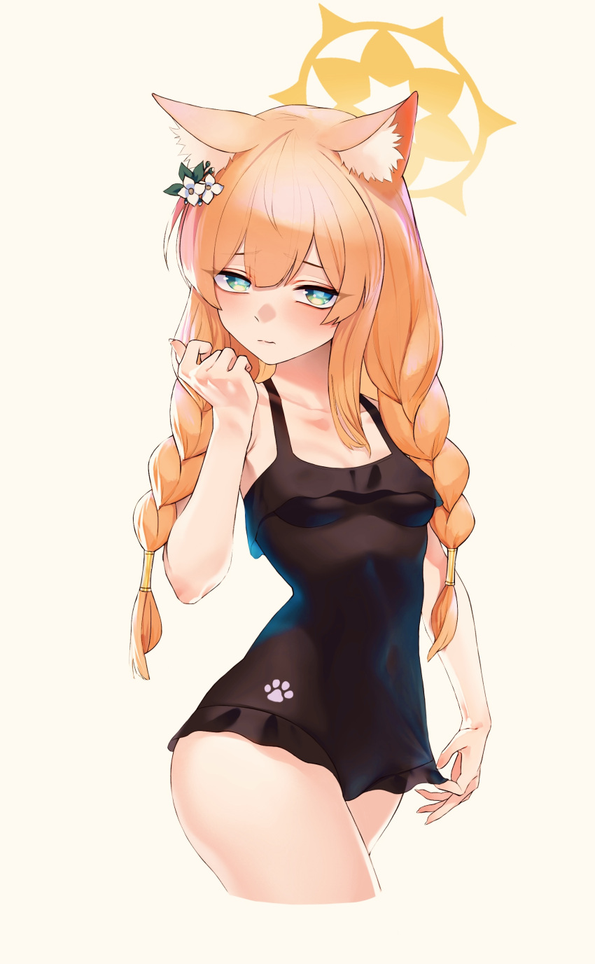 1girl, absurdres, animal_ear_fluff, animal_ears, bangs, bare_shoulders, black_swimsuit, blue_archive