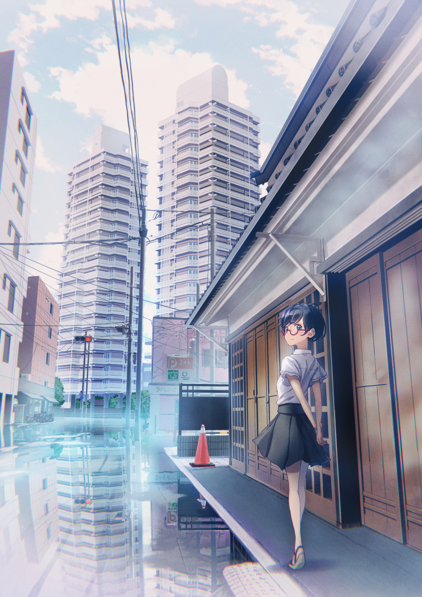 1girl, absurdres, arms_behind_back, bangs, black_hair, black_skirt, blue_eyes, blush