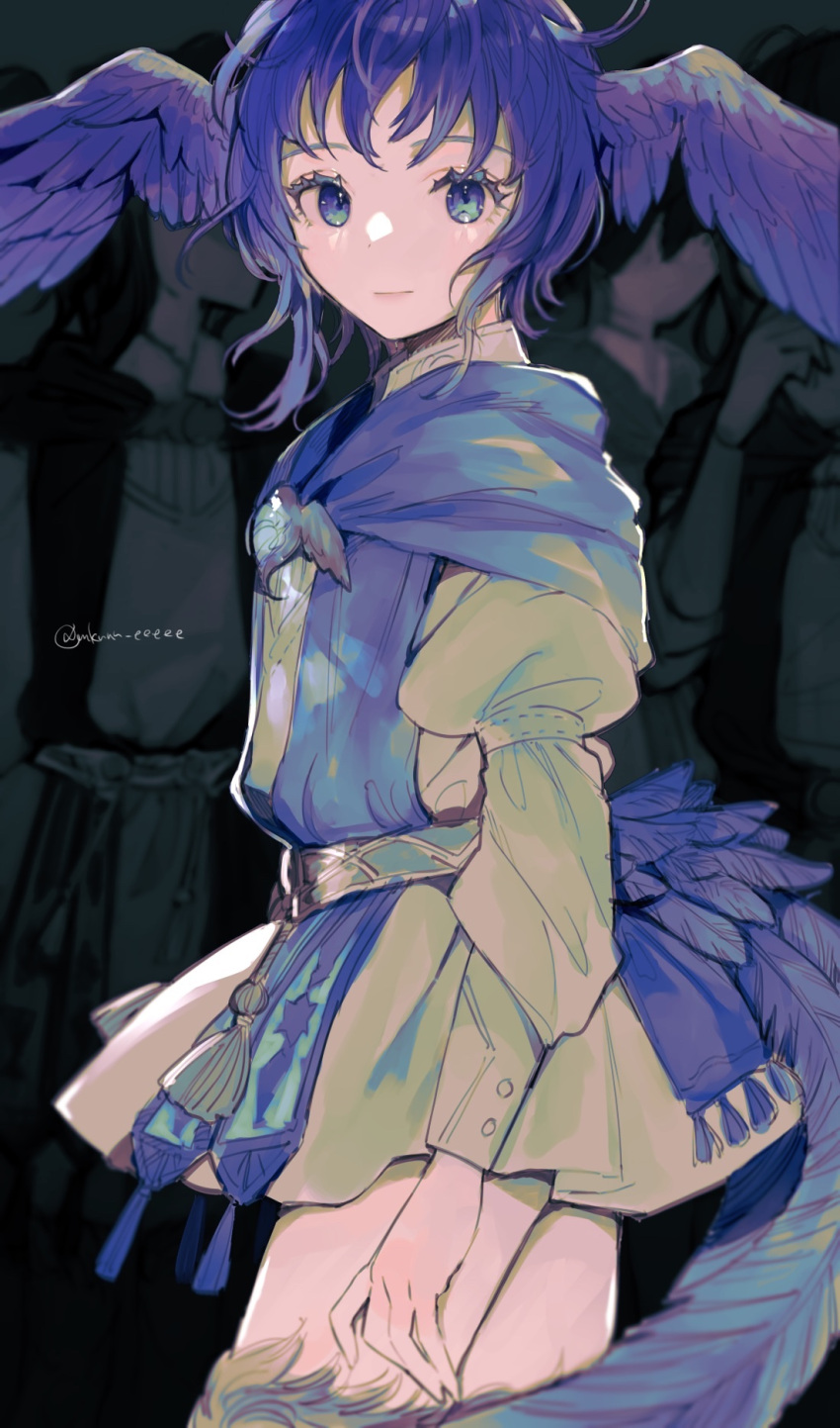 1girl, arm_at_side, bangs, bird_girl, bird_legs, bird_tail, bird_wings, blue_capelet