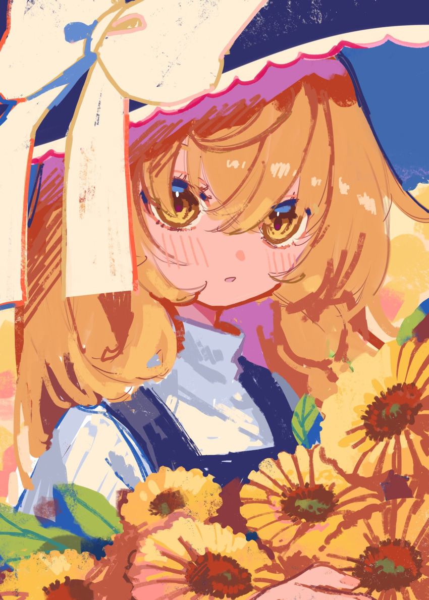 1girl, bangs, black_dress, black_headwear, blonde_hair, blush, bouquet, bow