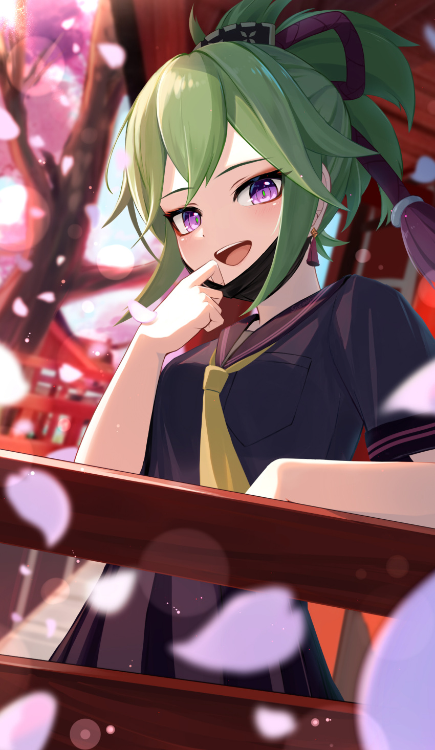 1girl, :d, absurdres, alternate_costume, black_mask, black_shirt, black_skirt, blurry