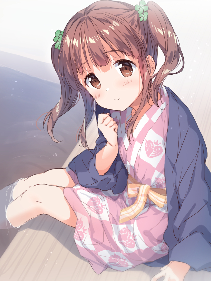 1girl, bath, bath_yukata, blush, brown_hair, clover_hair_ornament, hair_ornament, idolmaster