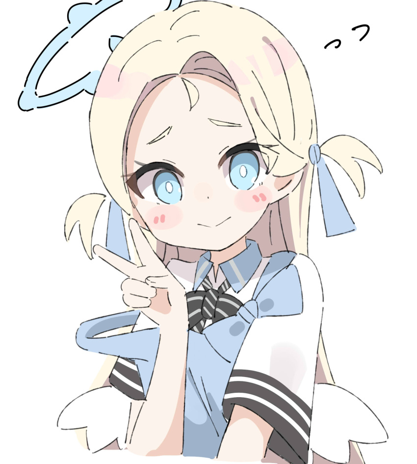 apron, black_bow, blonde_hair, blue_apron, blue_archive, blue_eyes, blush_stickers, bow, collared_shirt, flying_sweatdrops, forehead, halo, hand_up, highres, kapuru_0410, long_hair, low_wings, mini_wings, shirt, short_sleeves, simple_background, sora_(blue_archive), strap_slip, striped, striped_bow, thick_eyebrows, twintails, two_side_up, upper_body, v, white_background, white_shirt, white_wings, wings