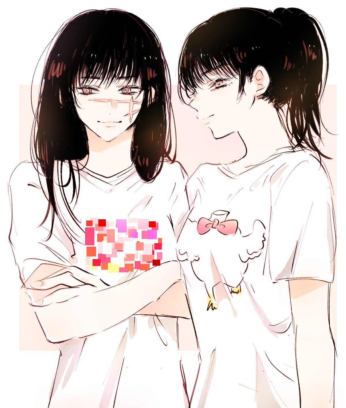 1girl, bangs, black_hair, chainsaw_man, collared_shirt, highres, long_hair, looking_at_viewer, medium_hair, mitaka_asa, ringed_eyes, scar, scar_on_cheek, scar_on_face, shirt, smile, solo, war_devil_(chainsaw_man), wata_meamai, white_shirt, yellow_eyes