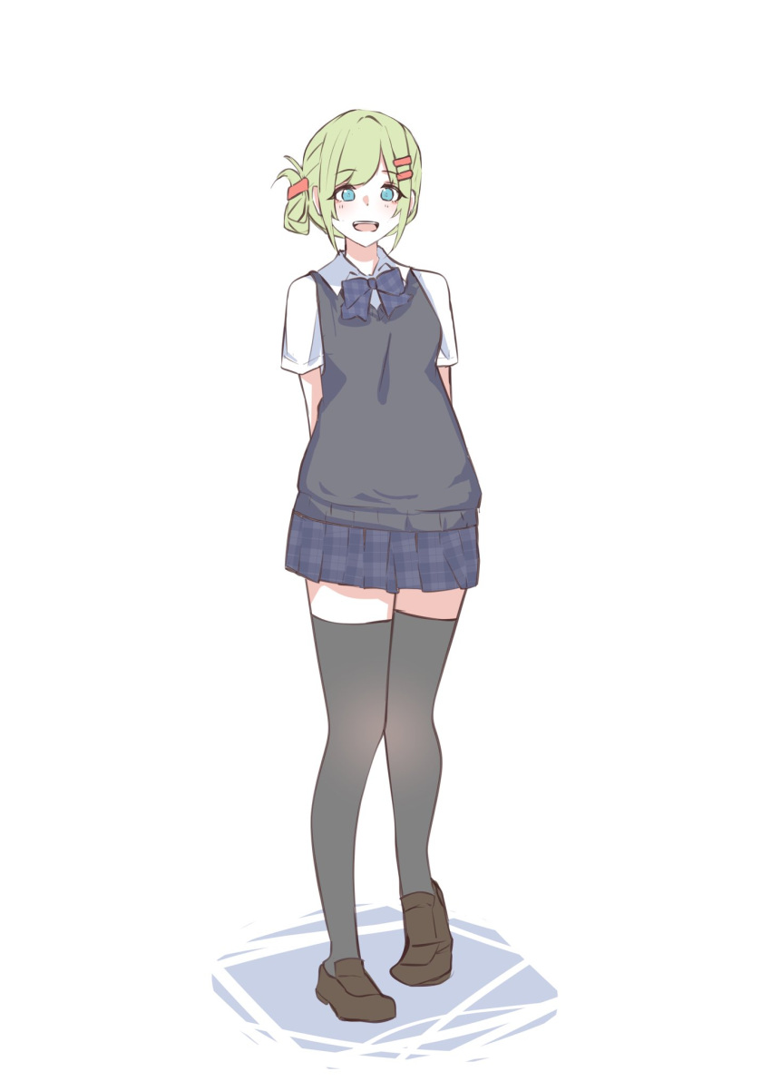 1girl, :d, alternate_hair_length, alternate_hairstyle, arms_behind_back, assault_lily, bangs, black_sweater_vest