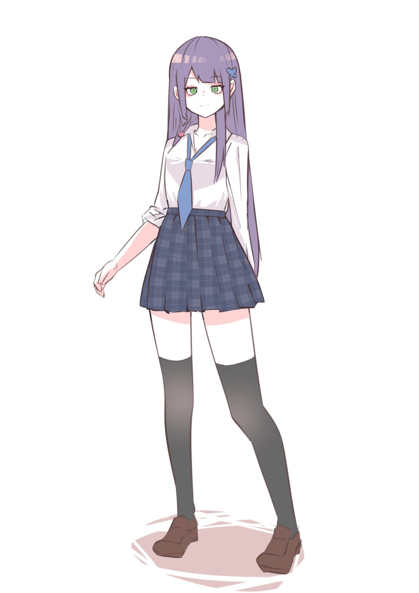 1girl, arm_behind_back, assault_lily, bangs, black_thighhighs, blue_necktie, blue_skirt, blunt_bangs, braid, brown_footwear, butterfly_hair_ornament, closed_mouth, collarbone, collared_shirt, commentary, full_body, funada_kiito, green_eyes, hair_ornament, high-waist_skirt, highres, houji_tea_latte, light_smile, loafers, long_hair, long_sleeves, looking_at_viewer, loose_necktie, miniskirt, necktie, plaid, plaid_skirt, pleated_skirt, purple_hair, school_uniform, shirt, shirt_tucked_in, shoes, side_braid, simple_background, single_braid, skirt, sleeves_pushed_up, solo, standing, symbol-only_commentary, thigh-highs, very_long_hair, white_background, white_shirt, zettai_ryouiki