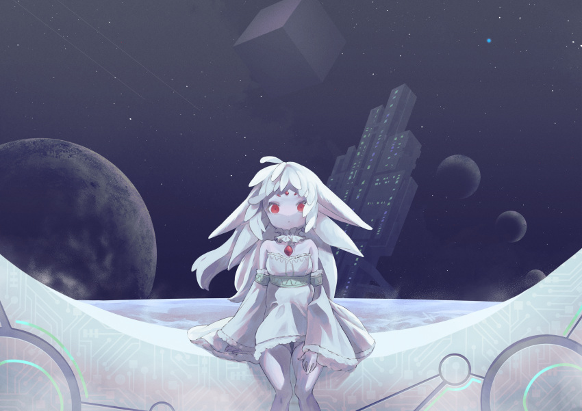 1girl, absurdres, ahoge, alien, animal_ears, bare_shoulders, blue_background, building, collar, colored_skin, commentary, cube, detached_sleeves, dress, expressionless, extra_ears, extra_eyes, feet_out_of_frame, film_grain, floating, floating_object, frilled_collar, frills, fur-trimmed_dress, fur-trimmed_sleeves, fur_trim, gem_in_body, grey_skin, hand_on_own_thigh, highres, icochiya_(icochiya1414), long_hair, looking_at_viewer, monster_girl, original, parted_lips, planet, red_eyes, sitting, sky, solo, space, star_(sky), starry_sky, straight-on, strapless, strapless_dress, white_collar, white_dress, white_hair, wide-eyed, wide_sleeves