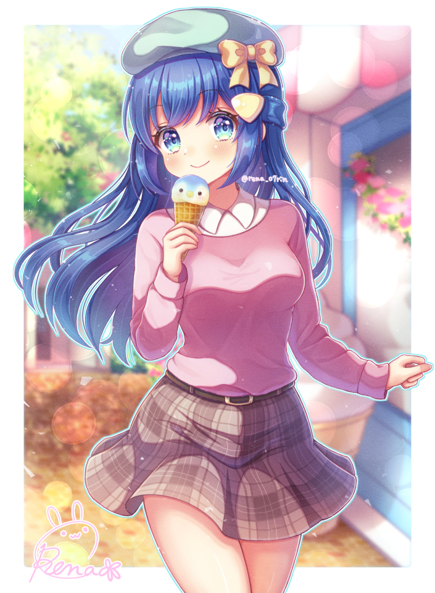 1girl, bangs, belt, beret, blue_eyes, blue_hair, blush, border