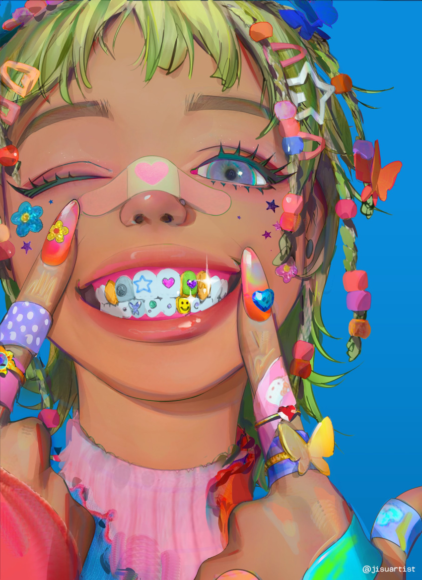 1girl, absurdres, bandaid, bandaid_on_face, bandaid_on_hand, bandaid_on_nose, beads, blue_background
