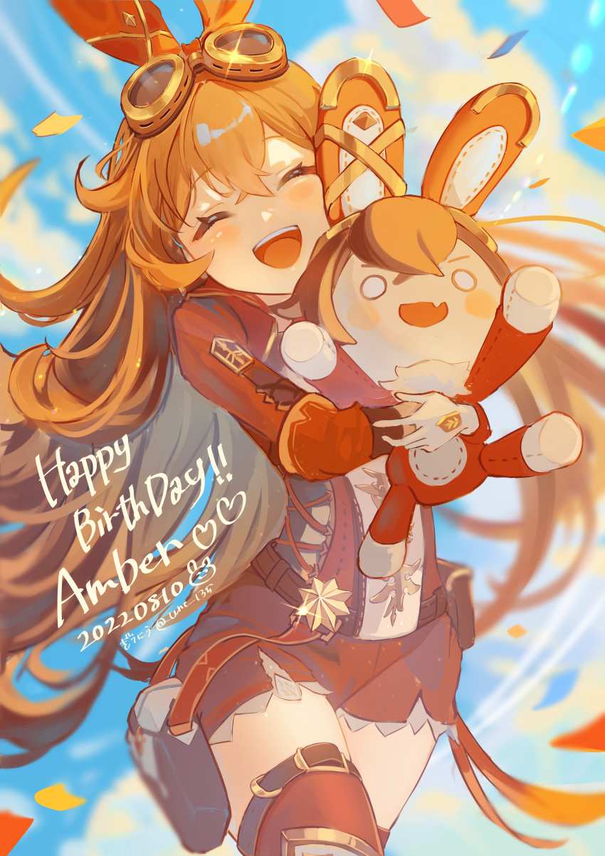 1girl, :d, ^_^, absurdres, amber_(genshin_impact), artist_name, bangs, baron_bunny_(genshin_impact)