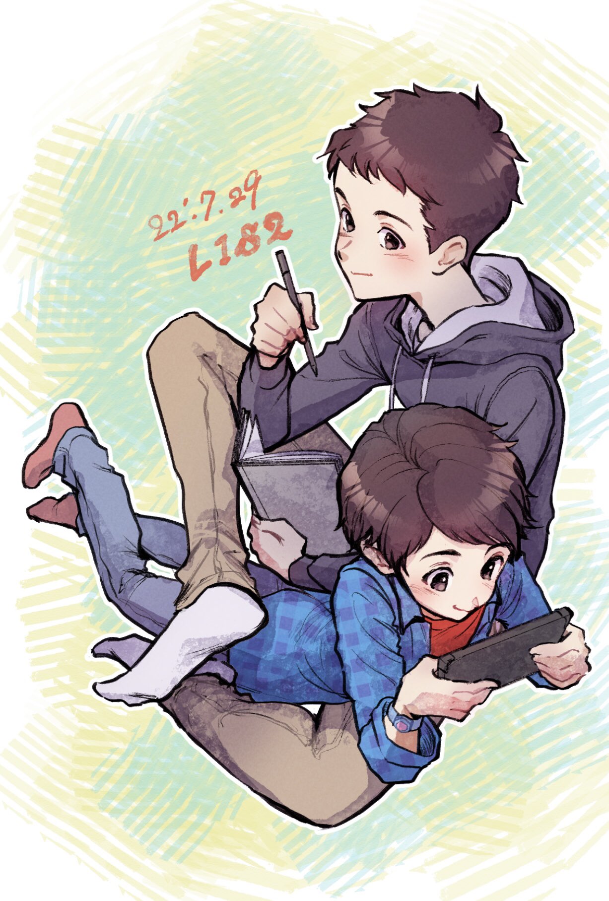 2boys, blue_pants, blue_shirt, book, brown_eyes, brown_hair, brown_pants, character_request, checkered_clothes, checkered_shirt, closed_mouth, dated, denim, full_body, grey_hoodie, highres, holding, holding_pen, hood, hood_down, hoodie, jeans, life_is_strange, looking_at_object, multiple_boys, non_biri_ya, open_book, pants, pen, red_socks, shirt, short_hair, socks, very_short_hair, watch, white_socks