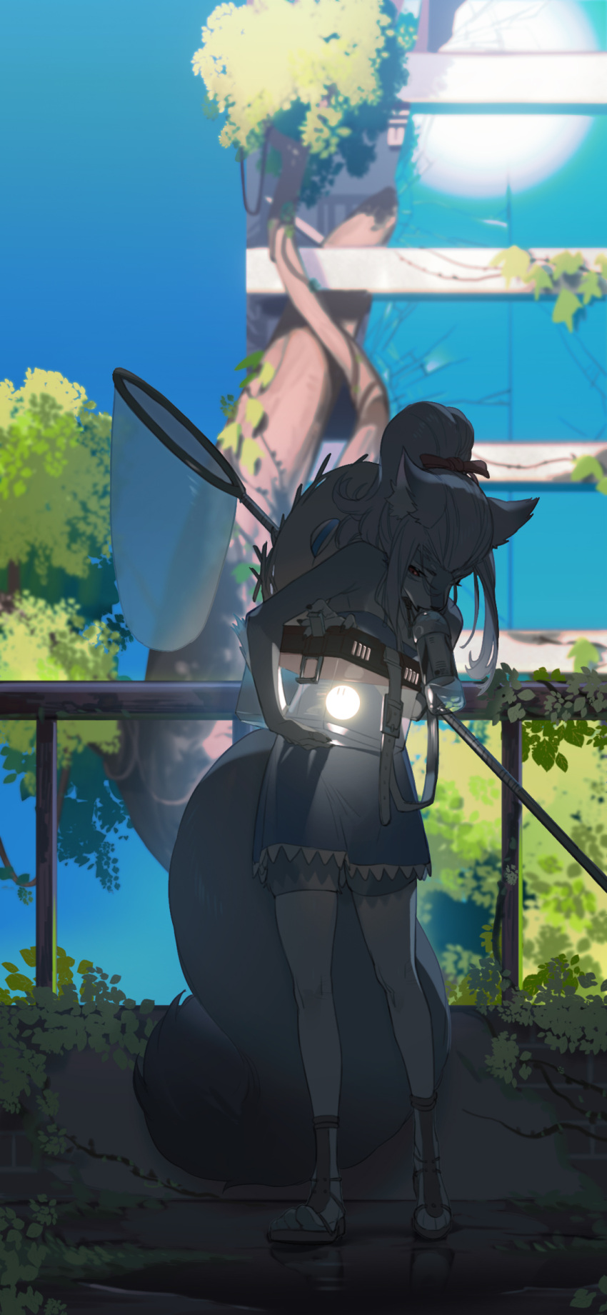 1girl, absurdres, alternate_costume, animal_ears, animal_nose, bare_shoulders, blue_dress, blue_sky