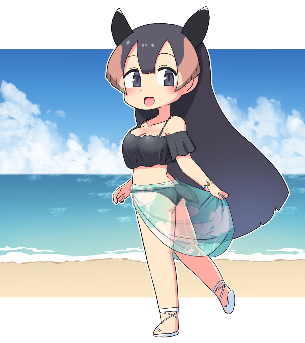 1girl, animal_ears, beach, bikini, black_bikini, black_eyes, black_hair, blush