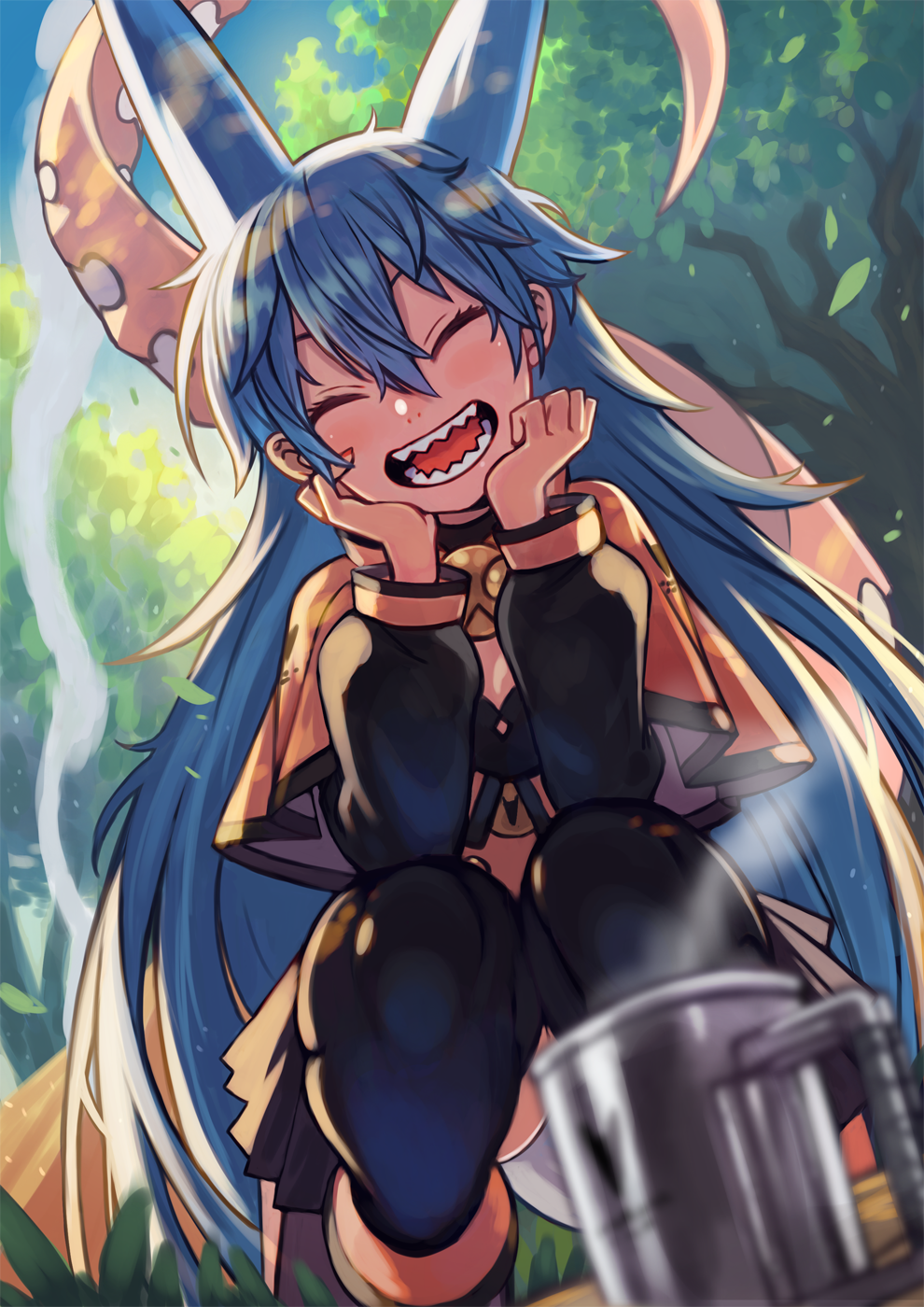 1girl, :d, ^_^, bangs, black_capelet, black_skirt, black_thighhighs, blue_hair