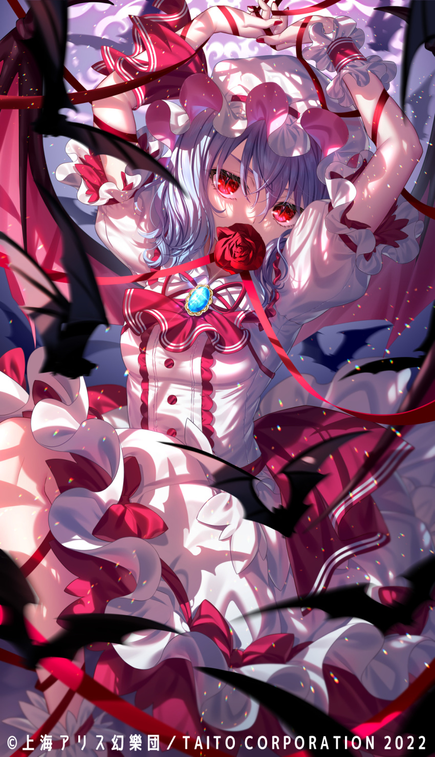 1girl, arms_up, ascot, back_bow, bangs, bat_(animal), bat_wings, blue_background