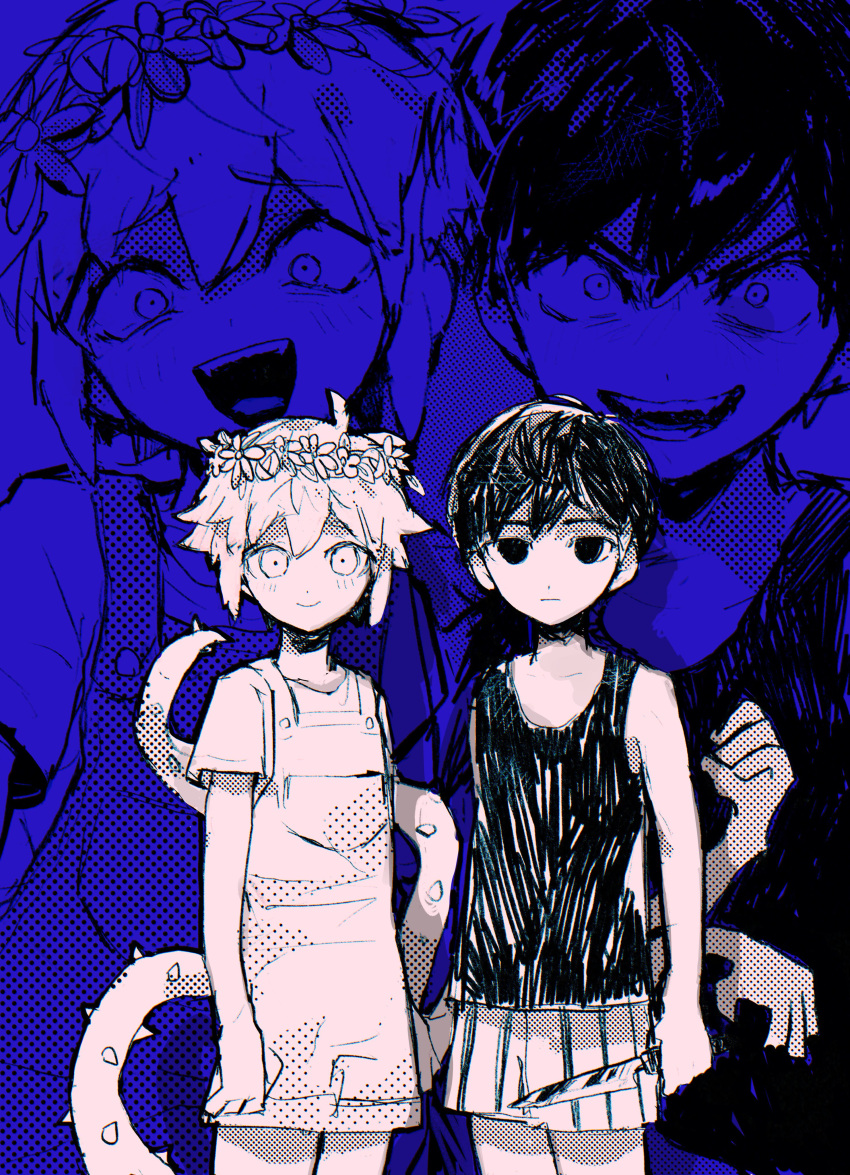 2boys, absurdres, basil_(omori), black_eyes, black_hair, blush, closed_mouth, collarbone