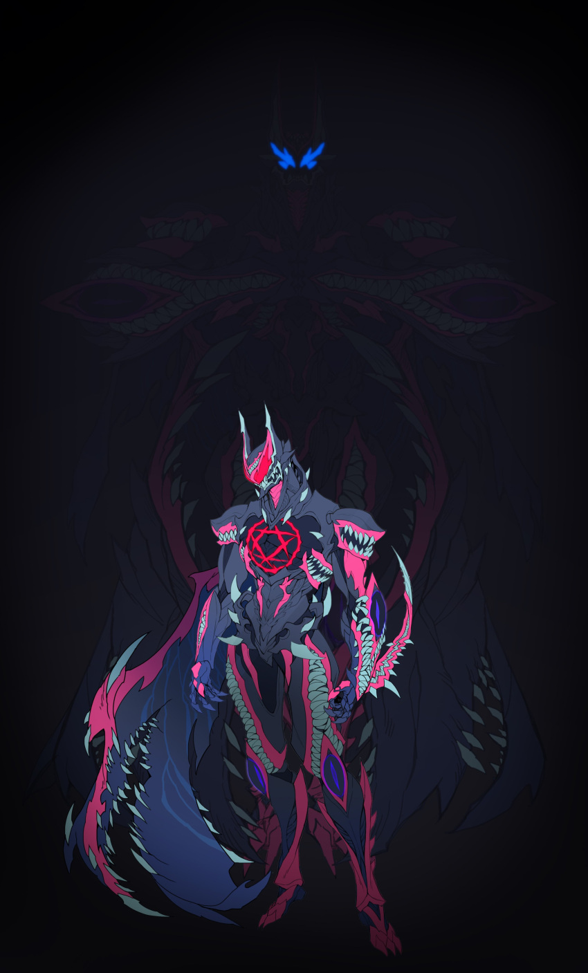 2boys, absurdres, arm_blade, armor, bat_(animal), black_background, blue_eyes, boots