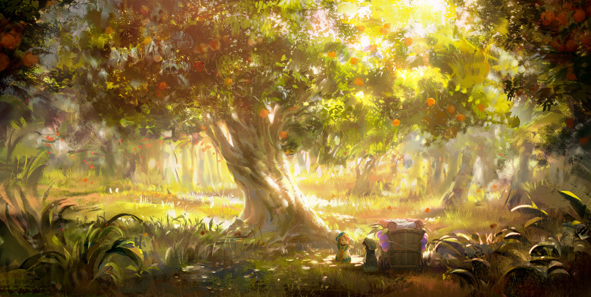 2girls, bangs, black_hair, blue_headwear, day, food, forest, fruit