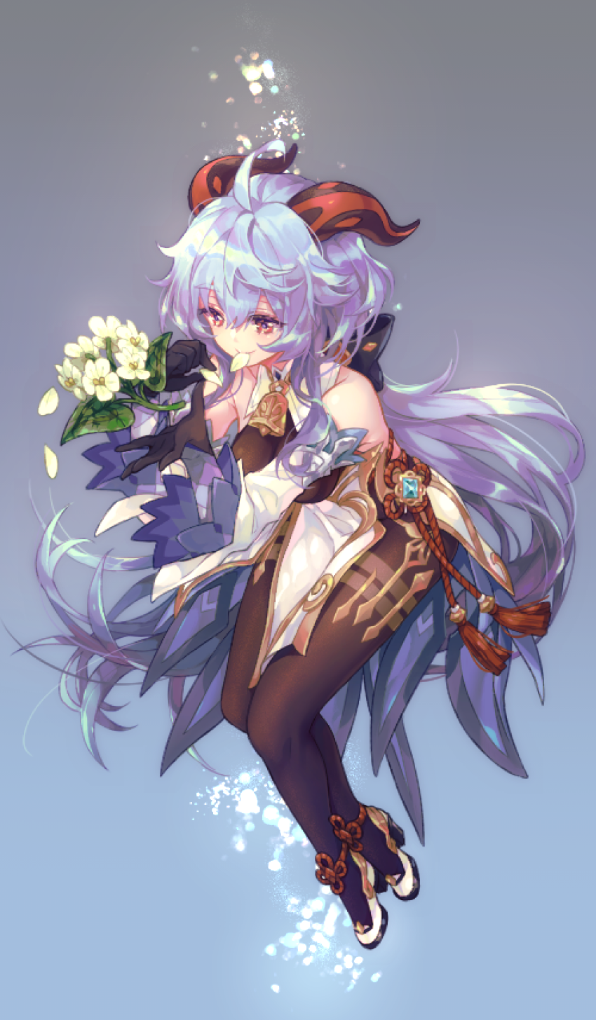 1girl, ahoge, bangs, bare_shoulders, bell, black_gloves, blue_hair, bow
