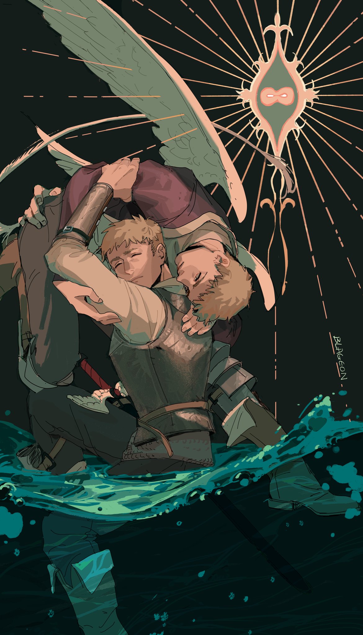 2boys, air_bubble, arm_grab, armor, arms_up, artist_name, ater, bangs