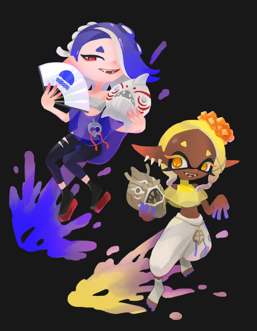 absurdres, asymmetrical_hair, baggy_pants, cephalopod_eyes, chest_sarashi, frye_(splatoon), hair_ornament, hand_fan