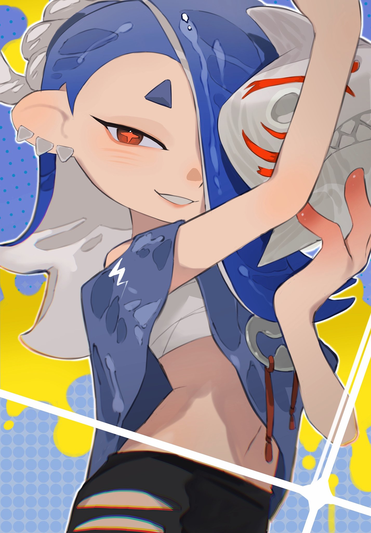 asymmetrical_hair, cephalopod_eyes, chest_sarashi, colored_skin, hair_ornament, hand_fan, highres, looking_at_viewer