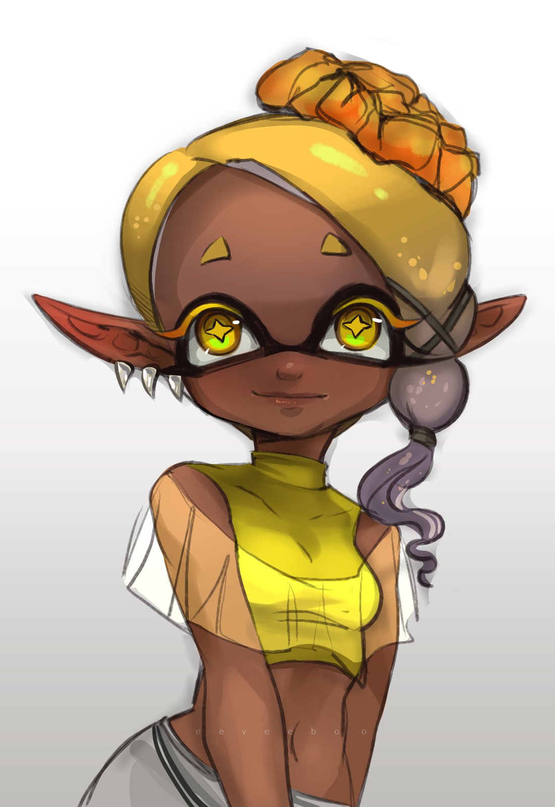 1girl, asymmetrical_hair, baggy_pants, cephalopod_eyes, dark-skinned_female, dark_skin, earrings, eeveebooyah