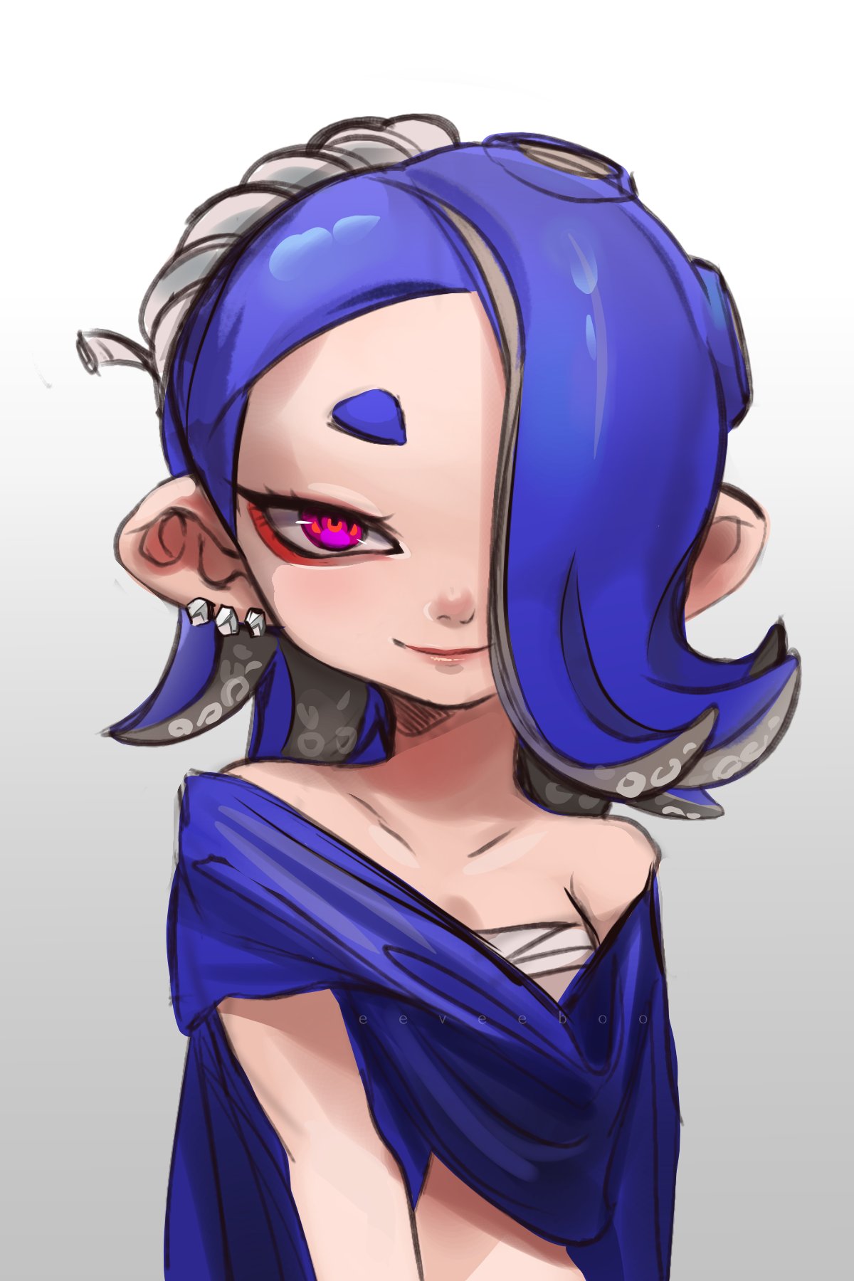 asymmetrical_hair, blue_hair, cephalopod_eyes, chest_sarashi, earrings, eeveebooyah, hair_ornament, hand_fan, highres, jewelry, looking_at_viewer, octoling, pointy_ears, pointy_hair, poncho, red_eyes, sarashi, shiver_(splatoon), smile, splatoon_(series), splatoon_3, suction_cups, tentacle_hair