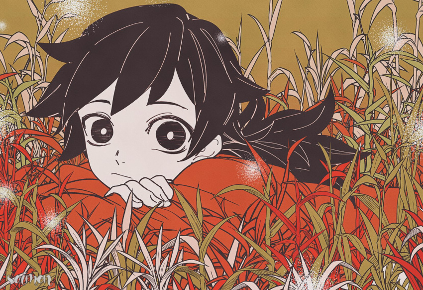 1boy, arm_pillow, artist_name, bangs, brown_background, child, crossed_legs, grass