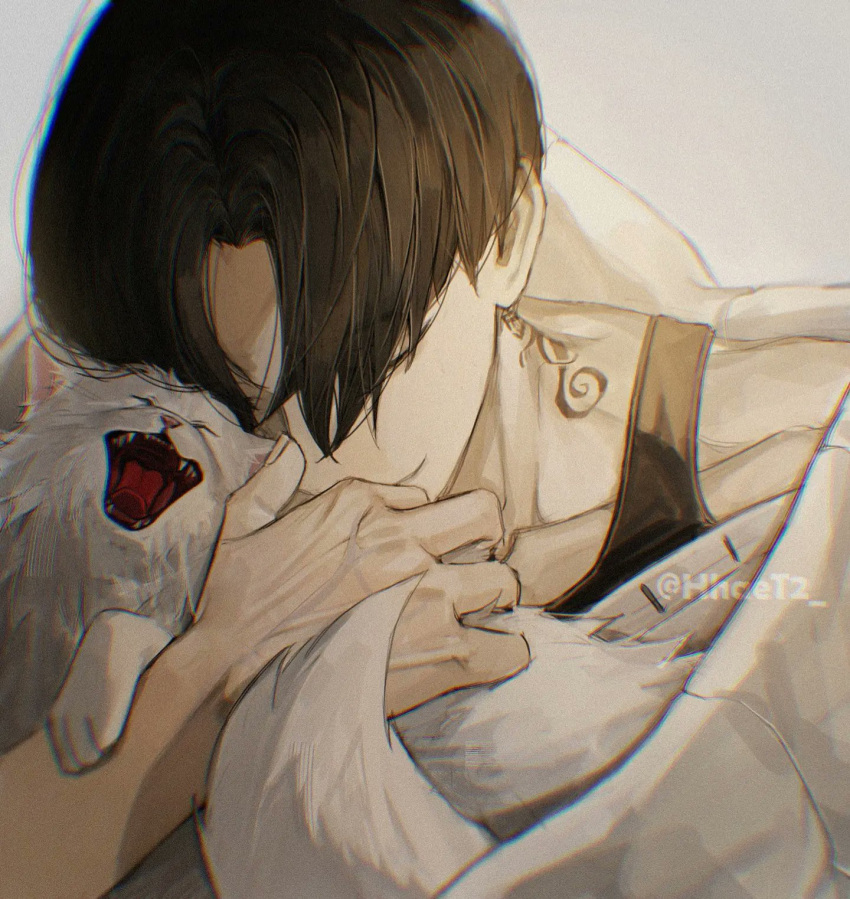 1boy, animal, bangs, black_hair, blanket, closed_eyes, closed_mouth, grey_background