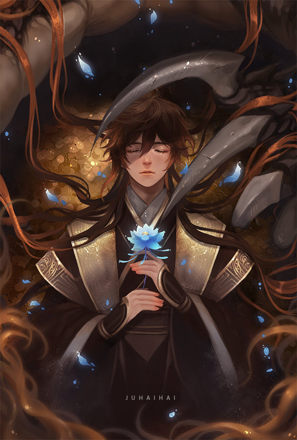 1boy, artist_name, bangs, brown_hair, claws, closed_eyes, closed_mouth, commentary