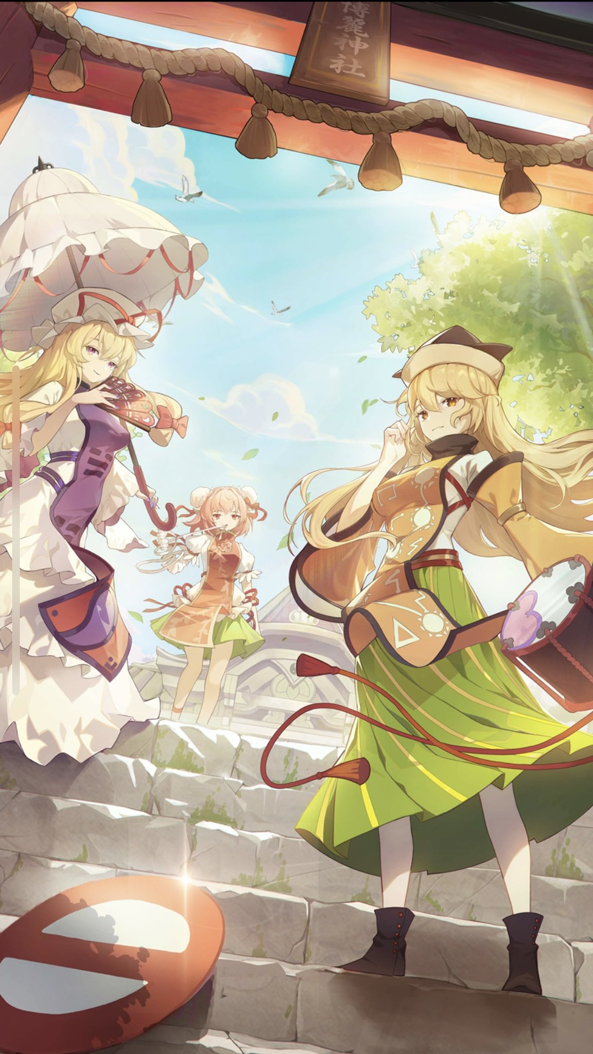 3girls, bandaged_arm, bandages, bangs, black_footwear, blonde_hair, blue_sky, blush