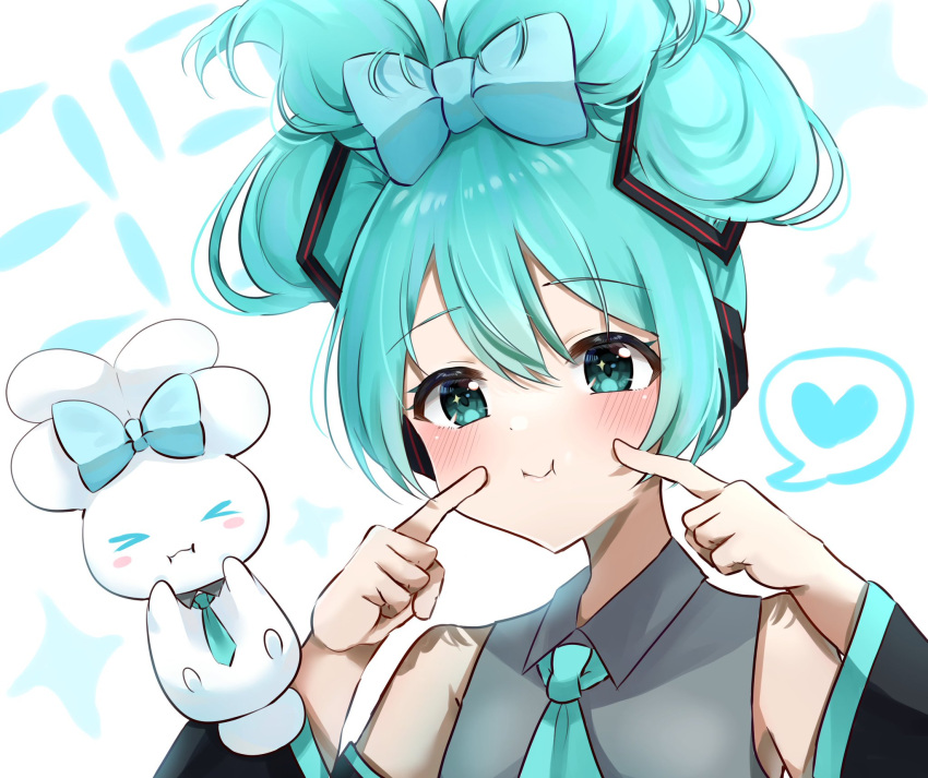 1girl, bangs, blue_bow, blue_necktie, bow, cinnamiku, cinnamoroll, collared_shirt