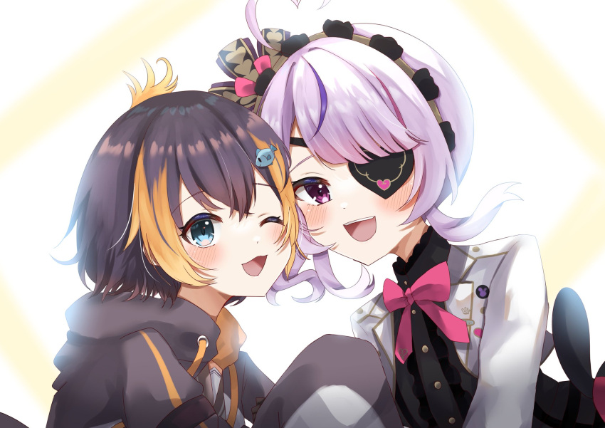 2girls, black_hair, black_hoodie, blush, cowlick, dress, eyepatch, fish_hair_ornament, hair_ornament, heart, heart_hair, highres, hood, hoodie, maria_marionette, multicolored_hair, multiple_girls, nijisanji, nijisanji_en, nyuyosuke_o_shigoto_boshuuchu, one_eye_covered, open_mouth, orange_hair, petra_gurin, pink_hair, short_hair, sleeves_past_fingers, sleeves_past_wrists, smile, streaked_hair, two-tone_hoodie, virtual_youtuber, white_dress, white_hoodie