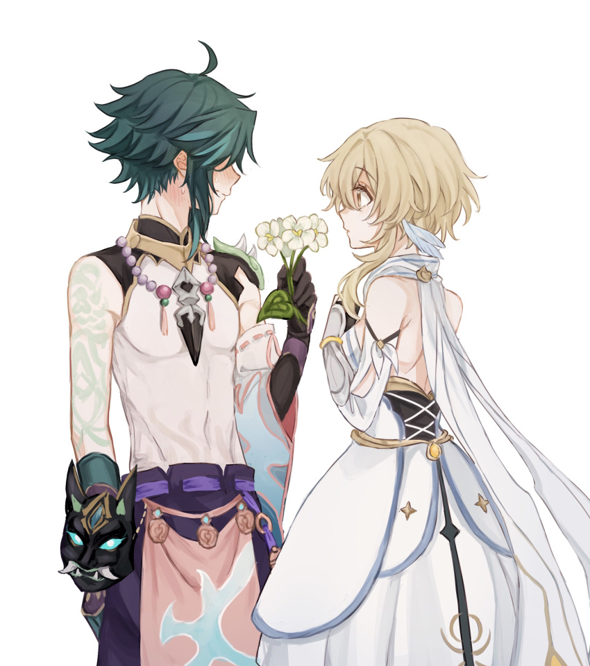 1boy, 1girl, absurdres, ahoge, aqua_sleeves, arm_guards, arm_tattoo, armor