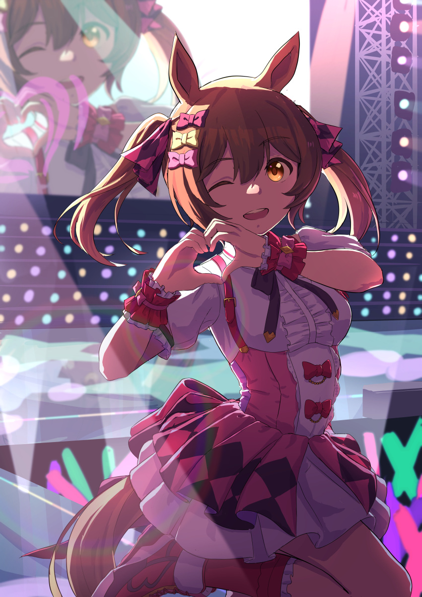 1girl, absurdres, animal_ears, bangs, bow, breasts, brown_hair, center_frills, esubui, frills, hair_bow, hands_up, heart, heart_hands, highres, horse_ears, horse_girl, horse_tail, looking_at_viewer, medium_hair, one_eye_closed, open_mouth, orange_eyes, pink_skirt, pink_socks, puffy_short_sleeves, puffy_sleeves, shirt, shoes, short_sleeves, skirt, small_breasts, smart_falcon_(umamusume), smile, socks, solo, stage, stage_lights, standing, standing_on_one_leg, suspender_skirt, suspenders, tail, twintails, umamusume, white_shirt, wrist_cuffs