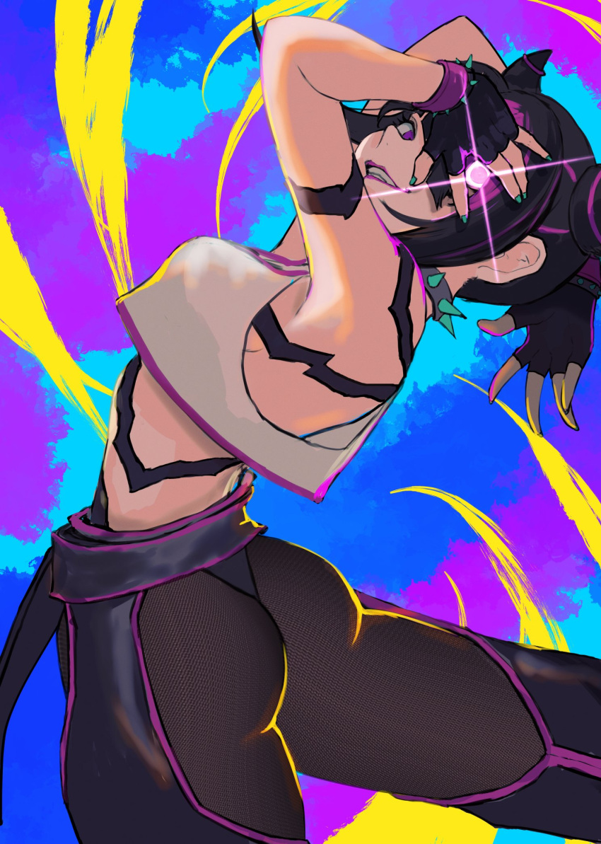 1girl, ass, bangs, black_hair, breasts, capcom, fingerless_gloves, gloves, hair_horns, halter_top, halterneck, han_juri, highres, jewelry, large_breasts, looking_at_viewer, nail_polish, navel, open_mouth, pants, short_hair, smile, solo, street_fighter, street_fighter_6, street_fighter_iv_(series), violet_eyes, yuu_(primenumber7)