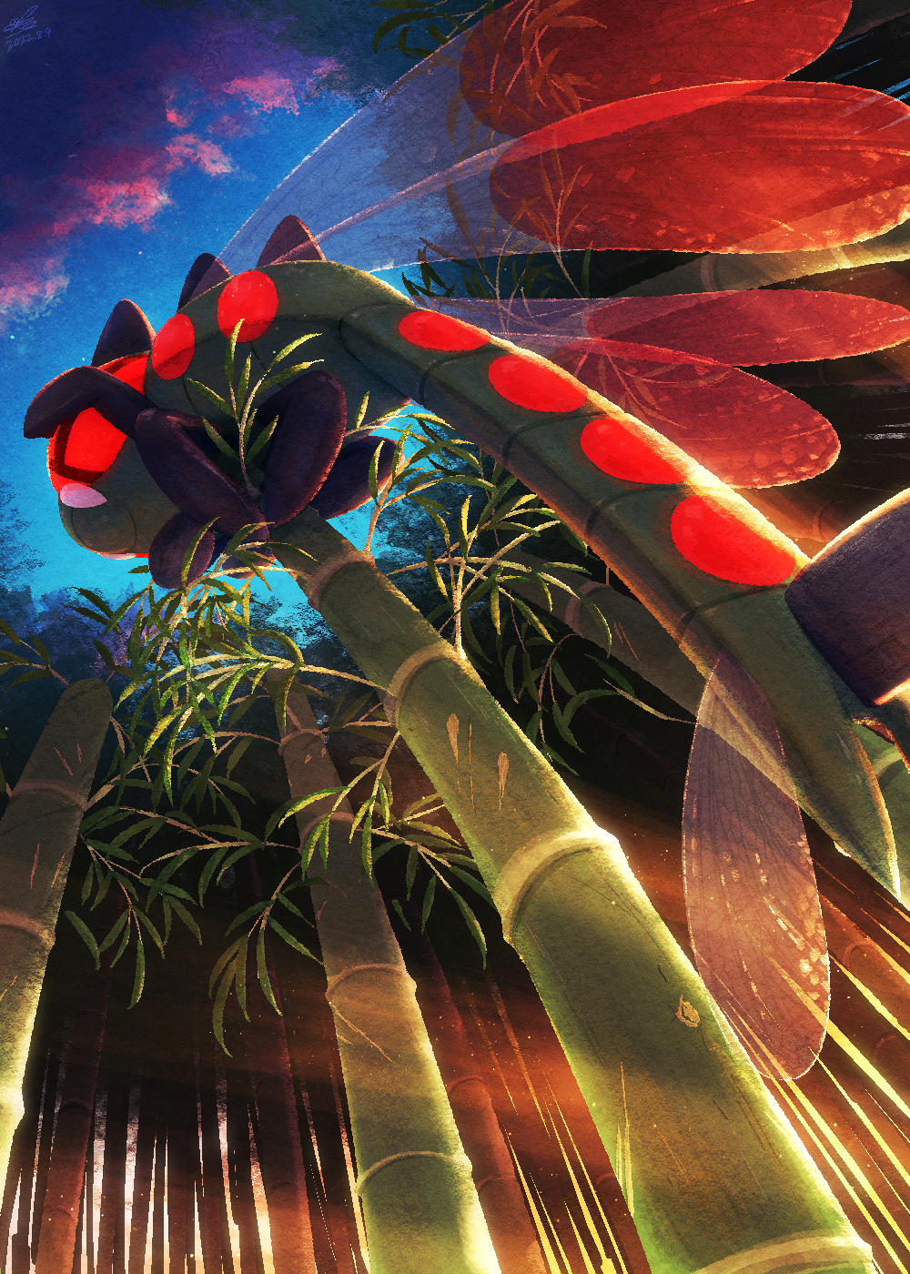 animal_focus, bamboo, bug, clouds, commentary_request, ewokakukaede, from_below, highres