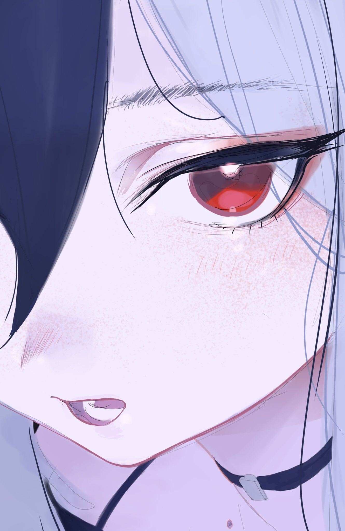 1girl, black_hair, blue_archive, blush, choker, close-up, grey_hair, hair_between_eyes
