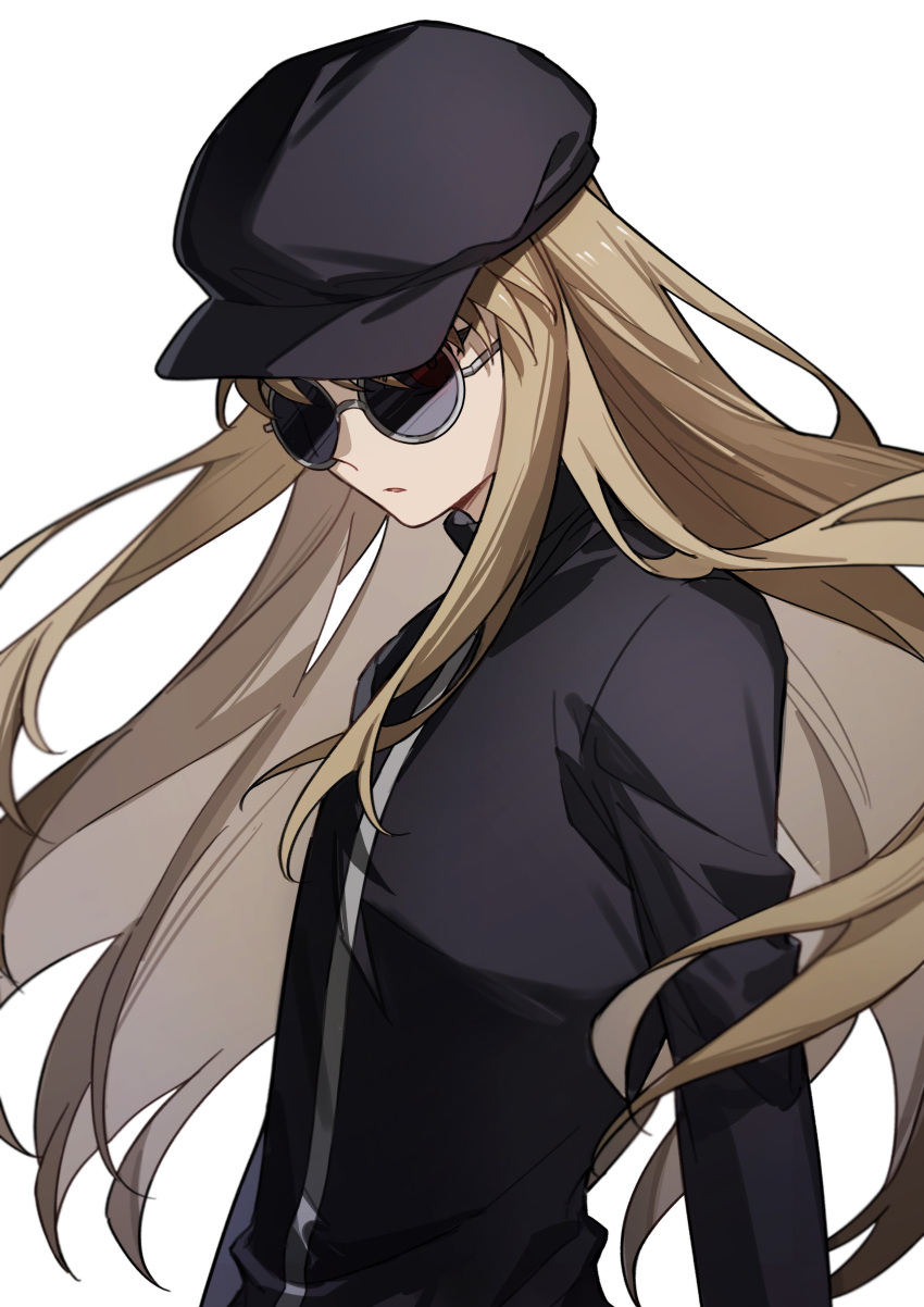 1boy, absurdres, androgynous, bamu_(bamu0504), bangs, black_headwear, black_shirt, brown_hair, commentary, floating_hair, hat, highres, hunter_x_hunter, kurapika, light_brown_hair, long_sleeves, looking_afar, male_focus, official_alternate_costume, one_eye_covered, red_eyes, shirt, simple_background, solo, sunglasses, upper_body, white_background, wig