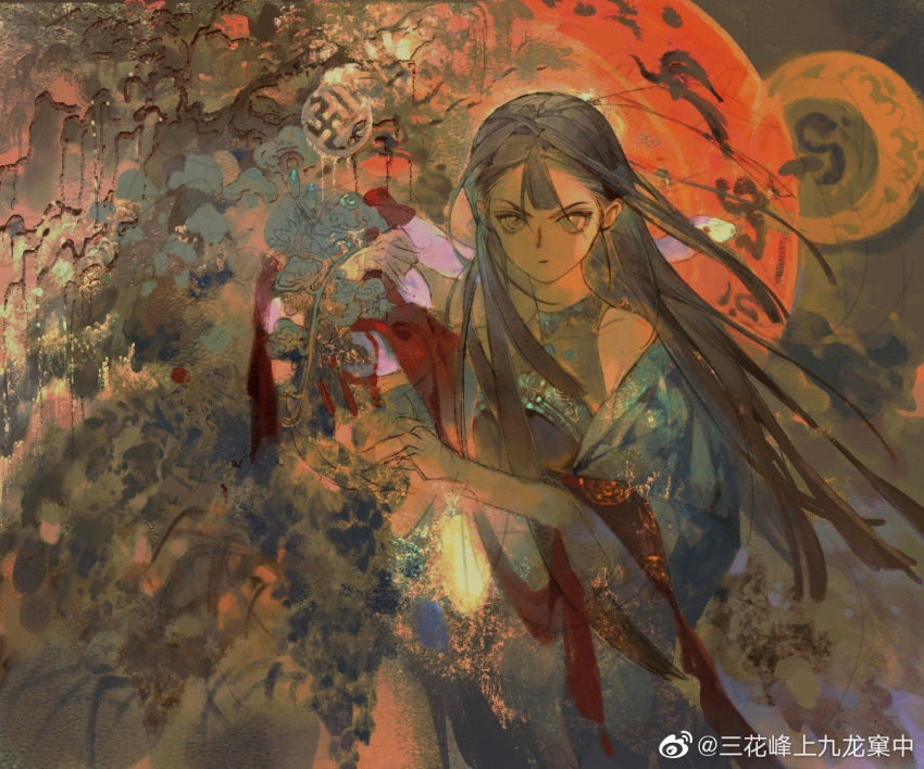 1girl, blue_dress, brown_hair, circle, closed_mouth, dress, flower, long_hair, long_sleeves, looking_at_viewer, multicolored_background, original, red_scarf, san_hua_feng_shang_jiulong_ke_zhong, scarf, serious, sketch, snake, solo
