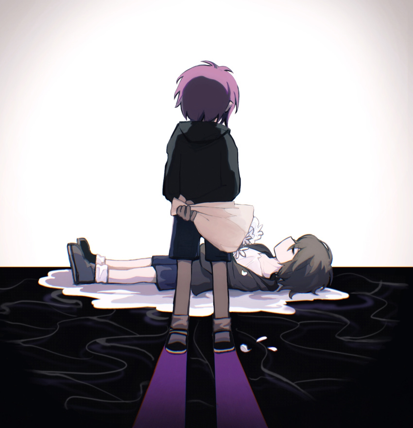 2boys, black_footwear, black_jacket, blue_shorts, bouquet, brown_hair, chromatic_aberration, closed_eyes