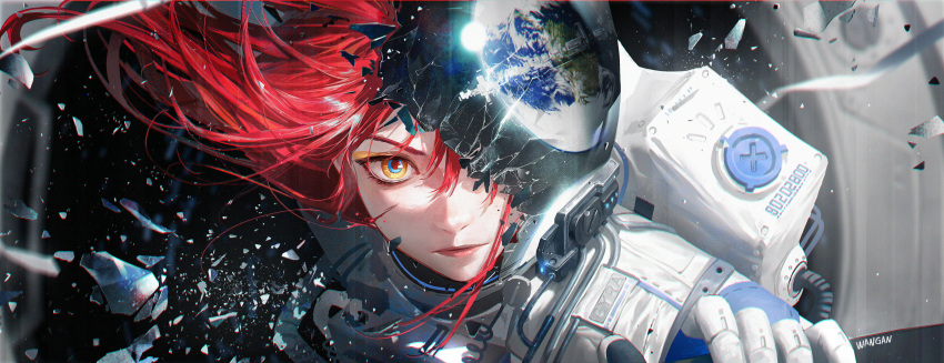 1girl, absurdres, artist_name, astronaut, blue_eyes, blurry, blurry_background, broken_glass