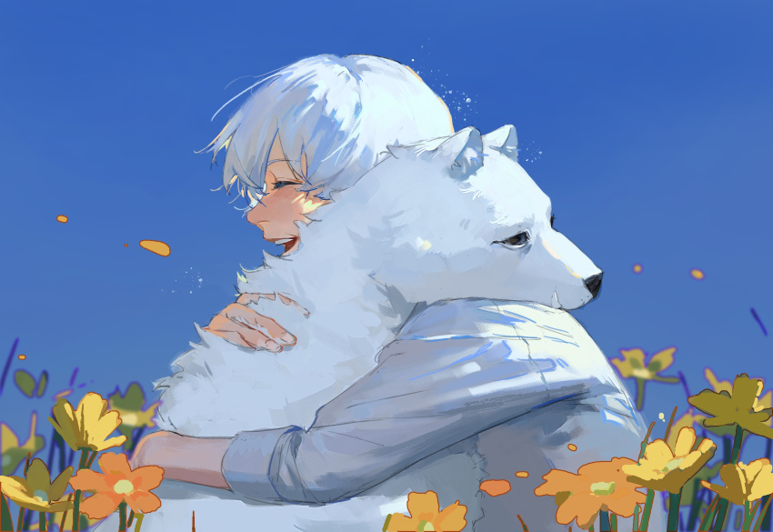1boy, ^_^, affectionate, animal, bangs, blue_background, closed_eyes, field