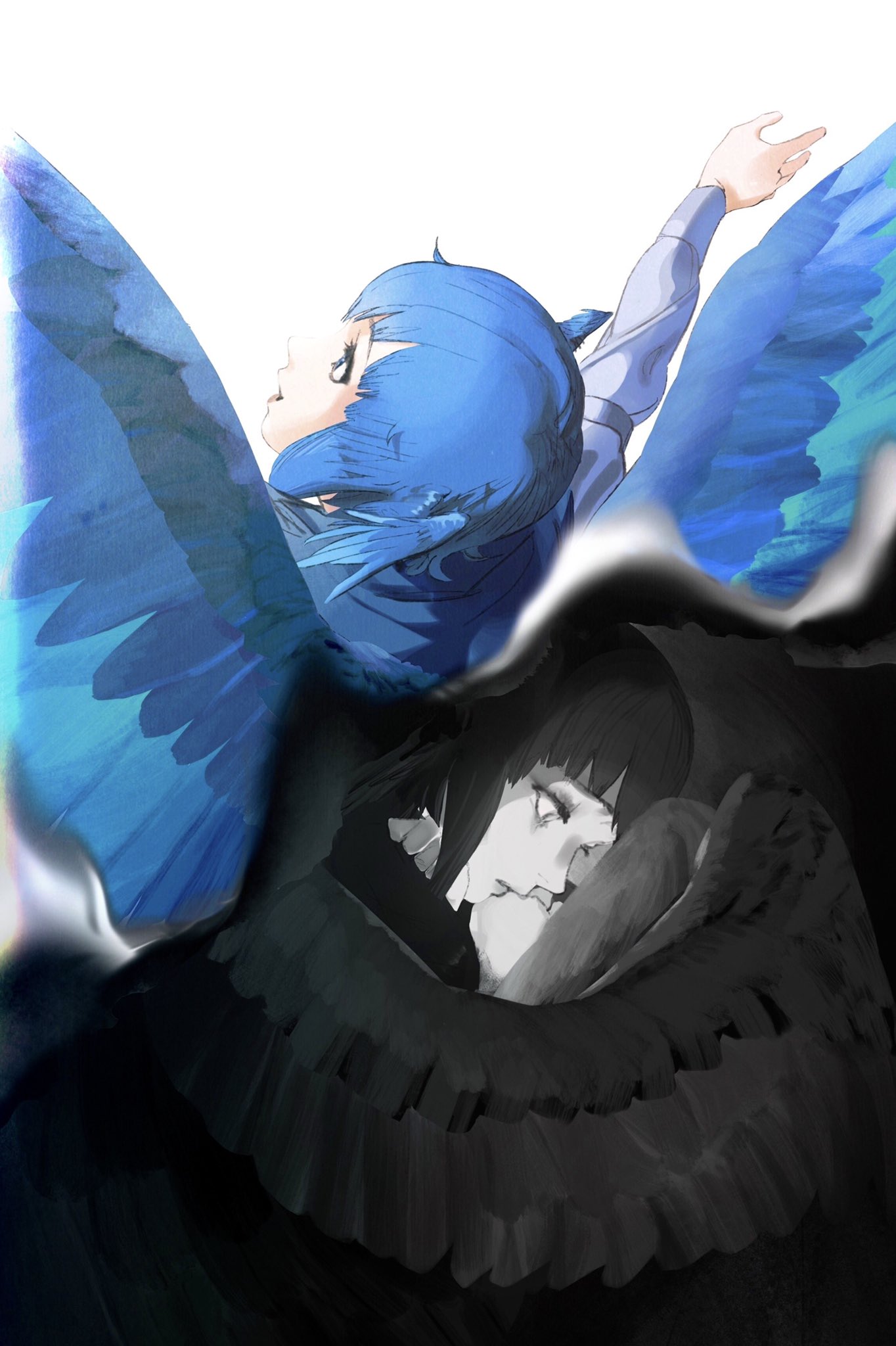 2girls, 7enn, arms_up, bangs, bird_wings, black_background, black_hair, blue_capelet